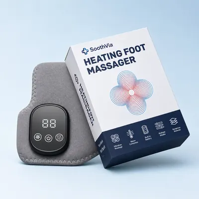 SoothVia heated foot massager, a pair of gray strapped slippers with the control unit