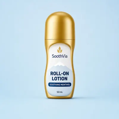 SoothVia soothing roll-on, a white bottle with a rollerball applicator